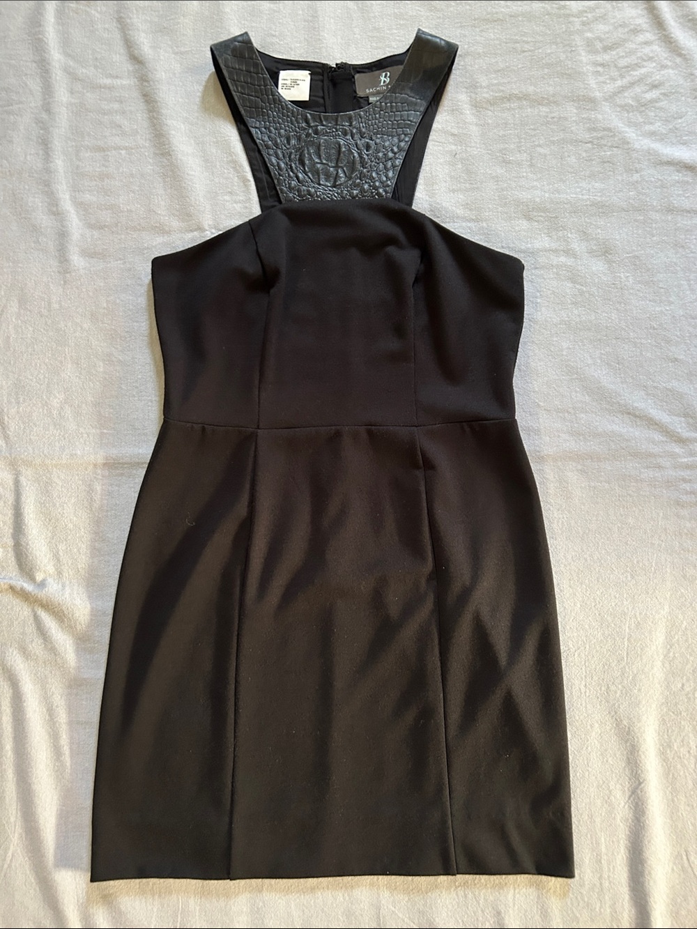Sachin + Babi Black Faux-Leather Panel Princess Seams Halter Dress